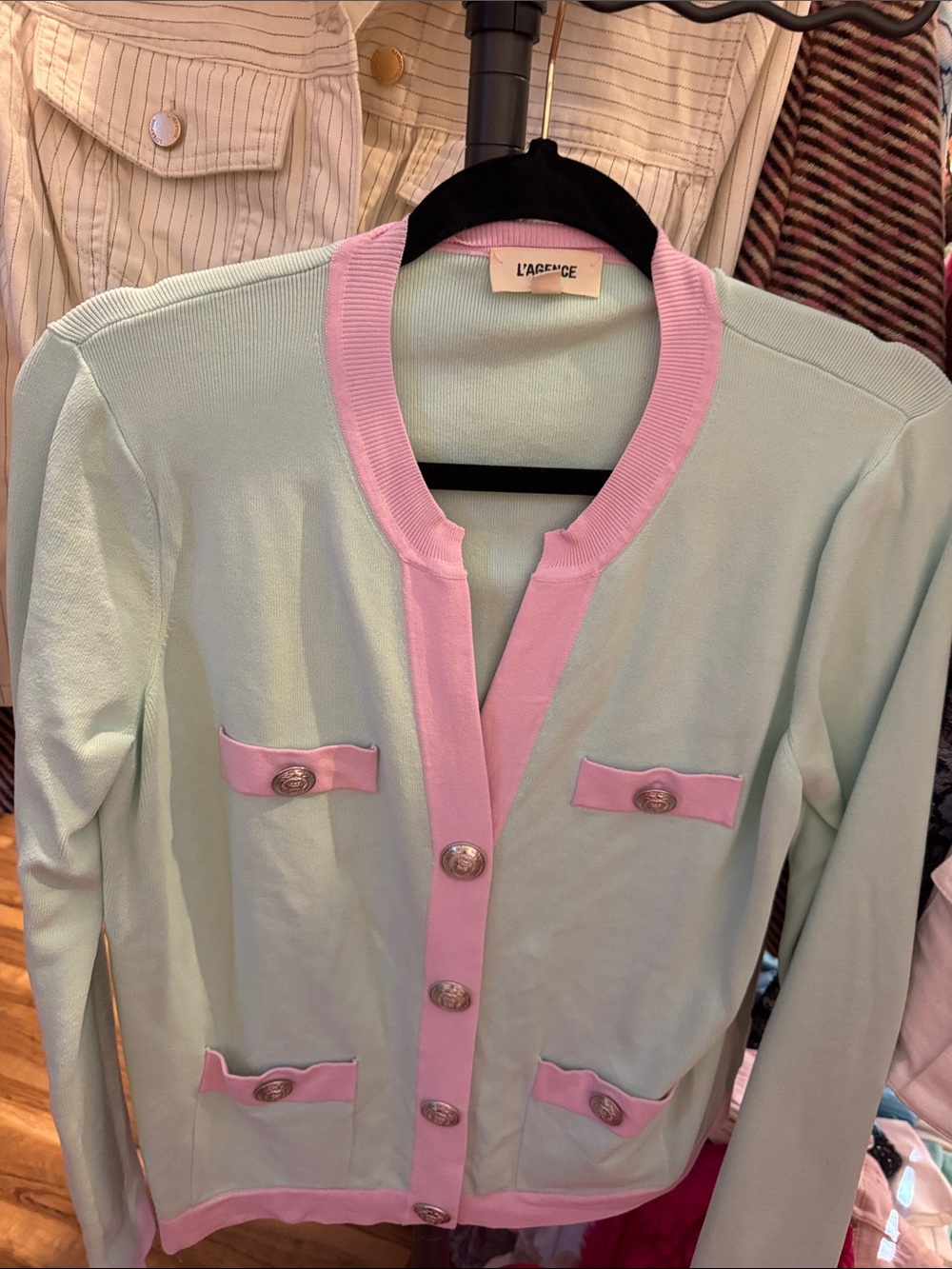 L'AGENCE Mint Cardigan with Pink Trim and Silver Buttons